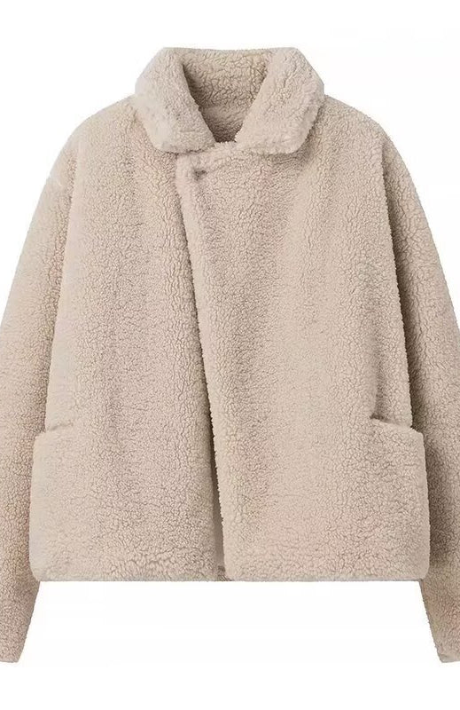 Elegant Langry fashion beige teddy bear coat with high collar and pockets