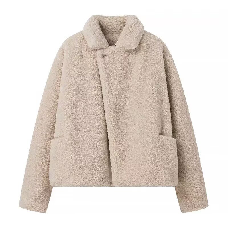 Elegant Langry fashion beige teddy bear coat with high collar and pockets
