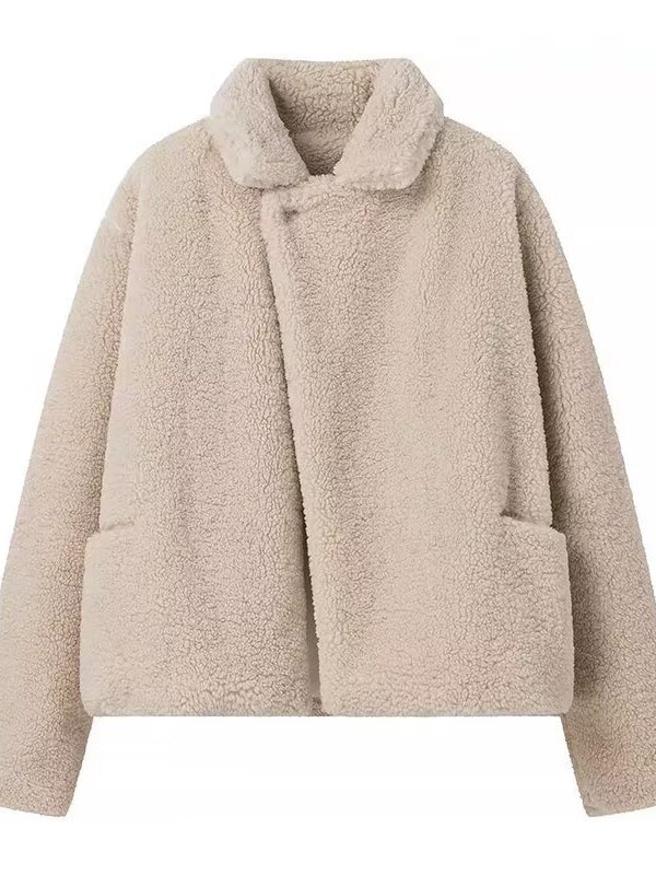 Elegant Langry polo collar furry beige teddy bear coat with pockets