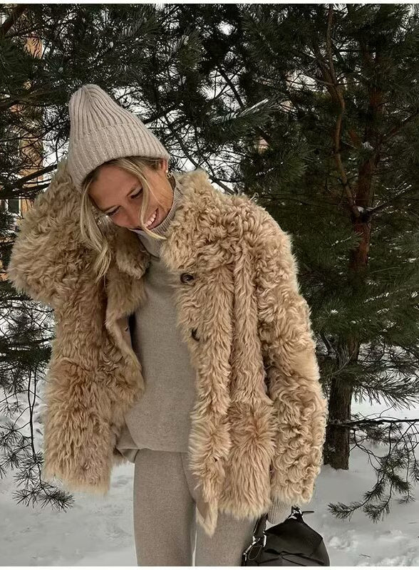 Langry fashion beige faux fur hooded coat with buttons