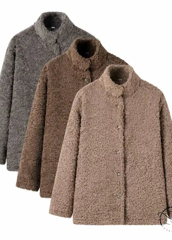 Casual big fur terry coat with brown fuzzy teddy bear texture and stand-up collar