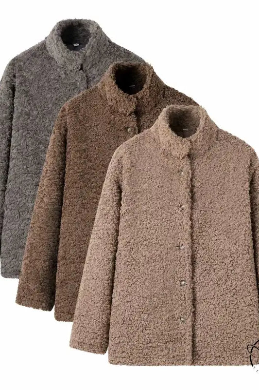 Casual big fur terry coat with brown fuzzy teddy bear texture and stand-up collar