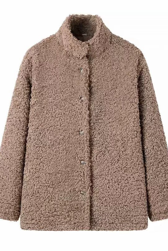 Langry taupe boucle teddy bear coat with notched collar, fashion ملابس