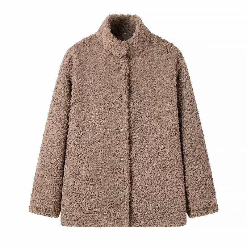 Langry taupe boucle teddy bear coat with notched collar, fashion ملابس