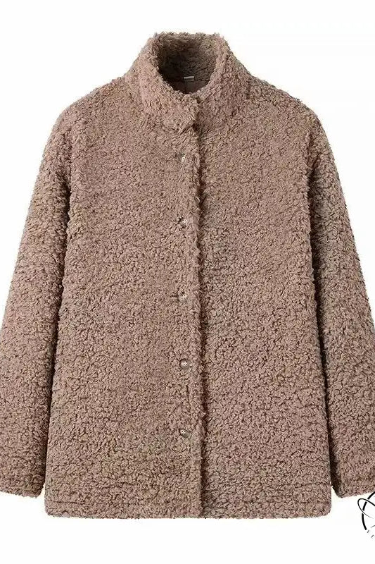 Casual big fur terry coat in taupe brown boucle with notched collar