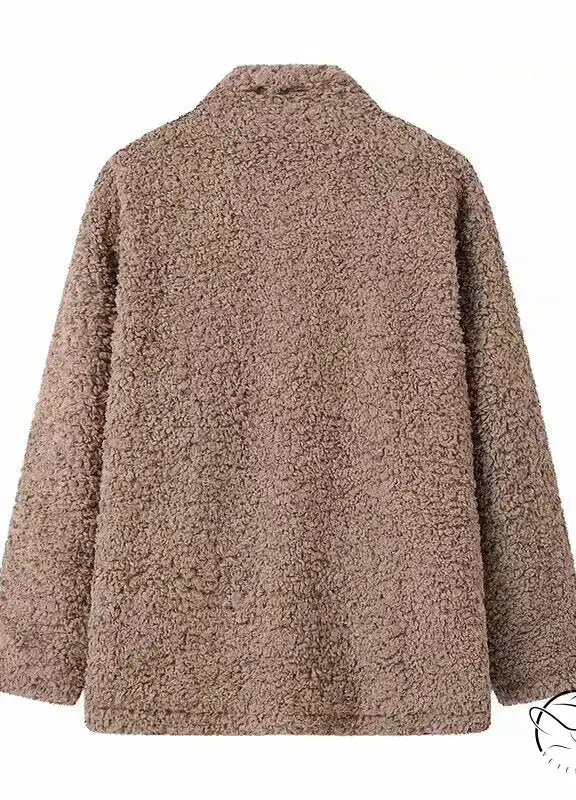 Casual big fur terry coat with brown fuzzy fabric and button closure