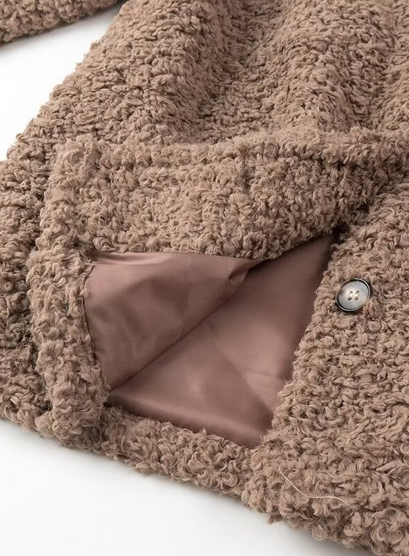Casual Big Fur Terry Coat: beige teddy bear fashion with buttons