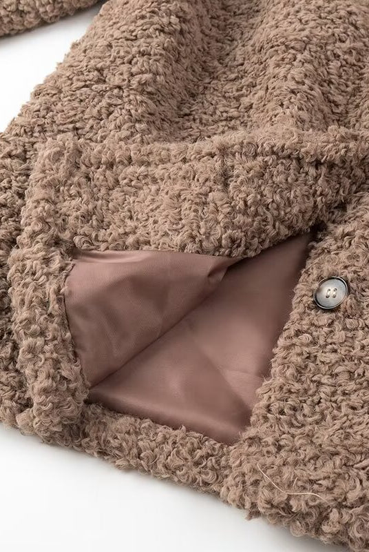Casual Big Fur Terry Coat: beige teddy bear fashion with buttons
