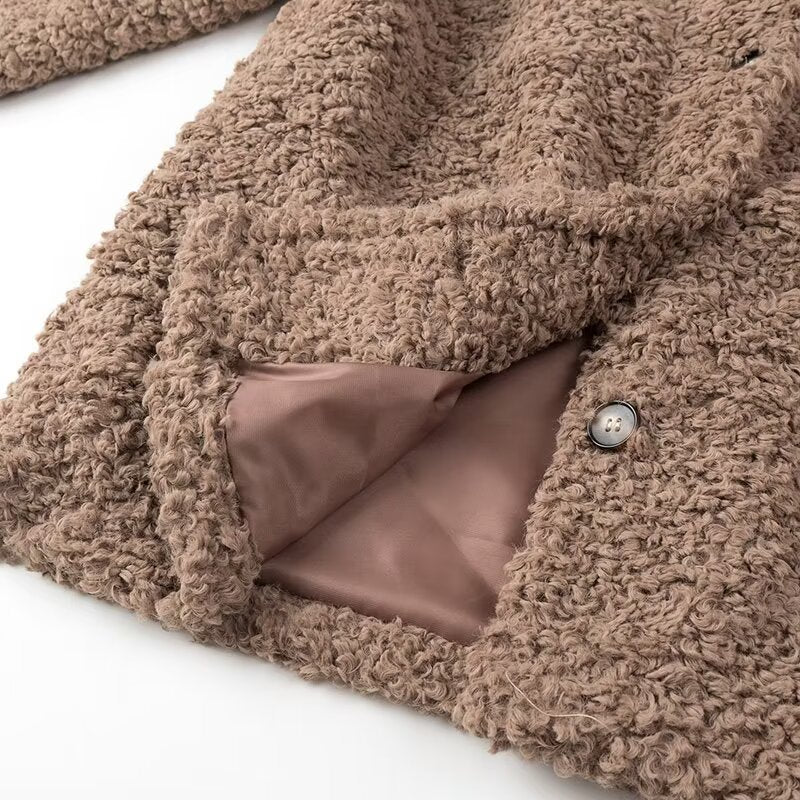 Casual Big Fur Terry Coat: beige teddy bear fashion with buttons