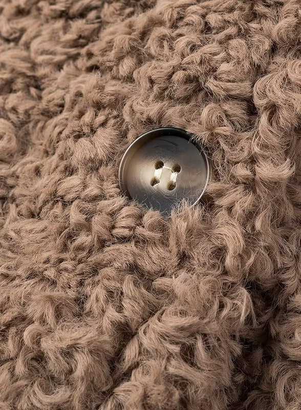 Tan fuzzy sweater with silver button in Langry fashion casual big fur terry coat