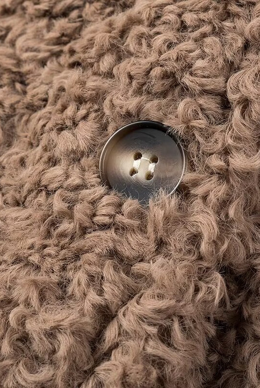 Tan fuzzy sweater with silver button in Langry fashion casual big fur terry coat