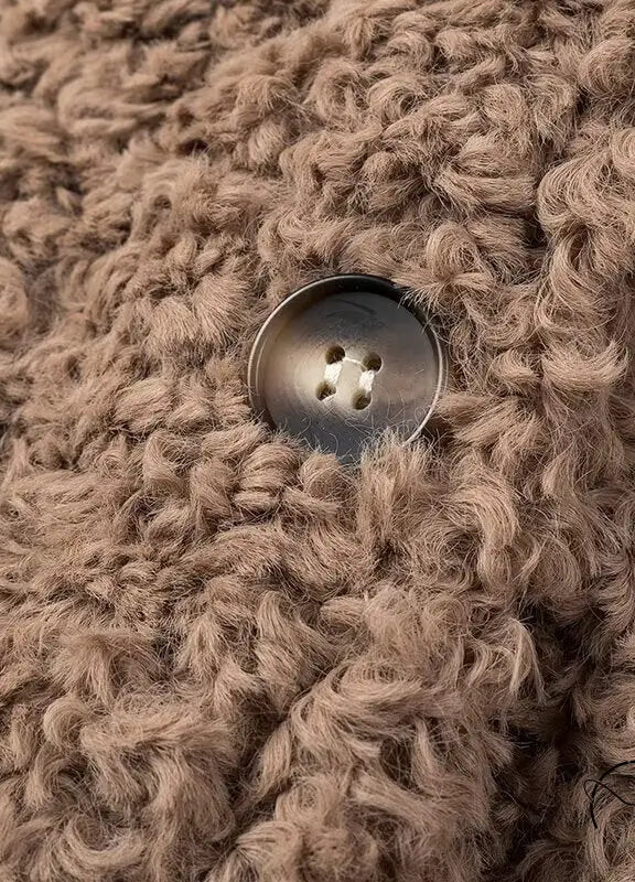 Casual big fur terry coat in tan fuzzy fabric with silver button
