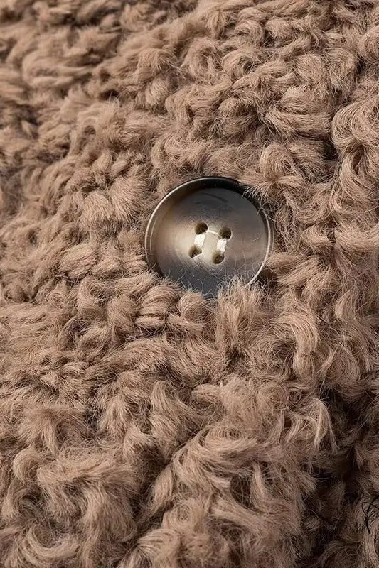 Casual big fur terry coat in tan fuzzy fabric with silver button