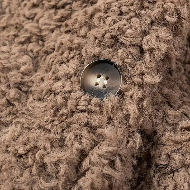 Casual big fur terry coat in tan fuzzy fabric with silver button