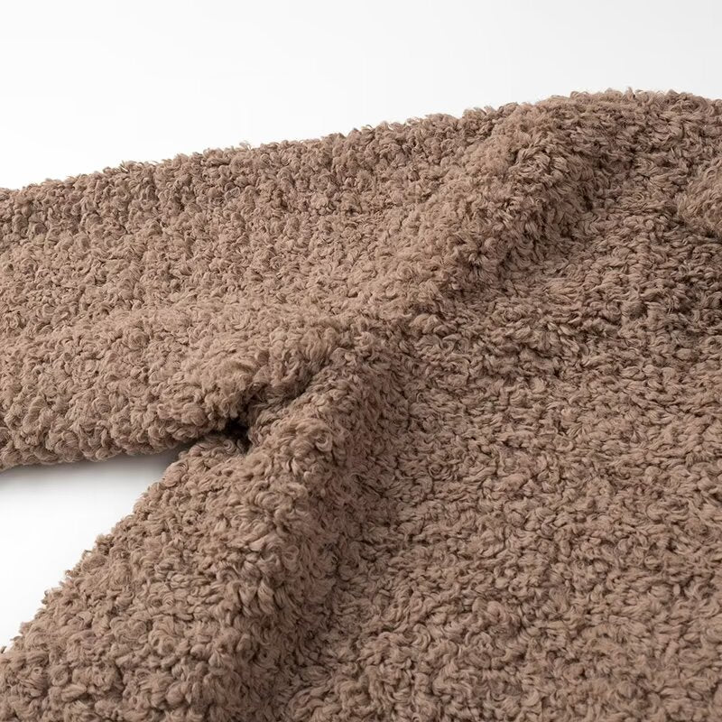 Casual Big Fur Terry Coat in taupe brown plush fabric