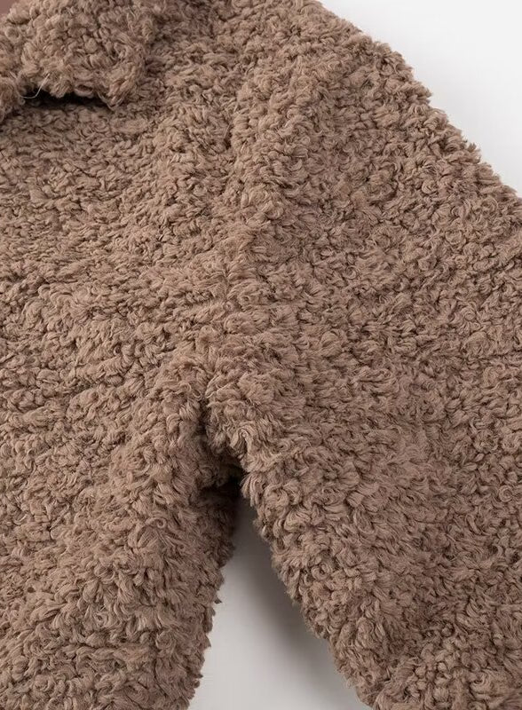 Langry casual big fur terry coat in light brown faux fur with hood and buttons