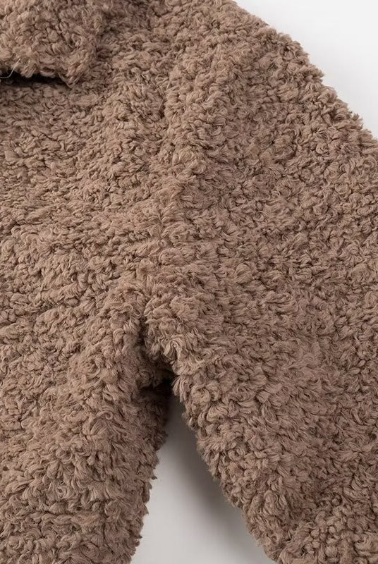 Langry casual big fur terry coat in light brown faux fur with hood and buttons