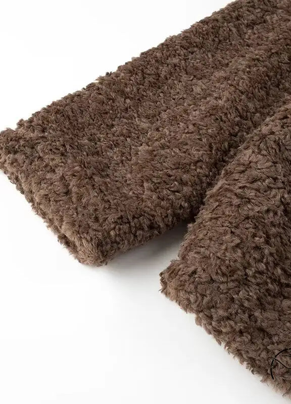 Casual big fur terry coat with brown fluffy boucle blanket texture