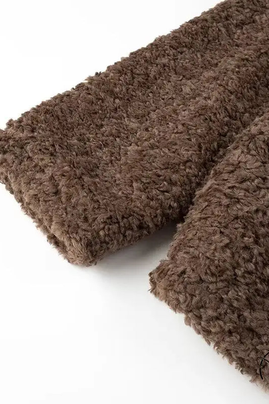 Casual big fur terry coat with brown fluffy boucle blanket texture