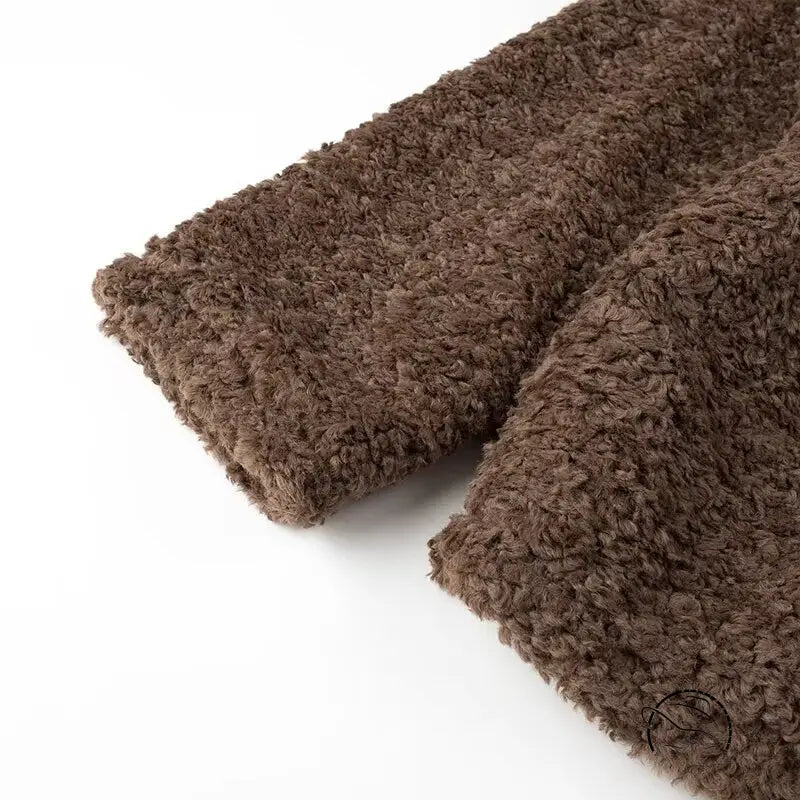 Casual big fur terry coat with brown fluffy boucle blanket texture