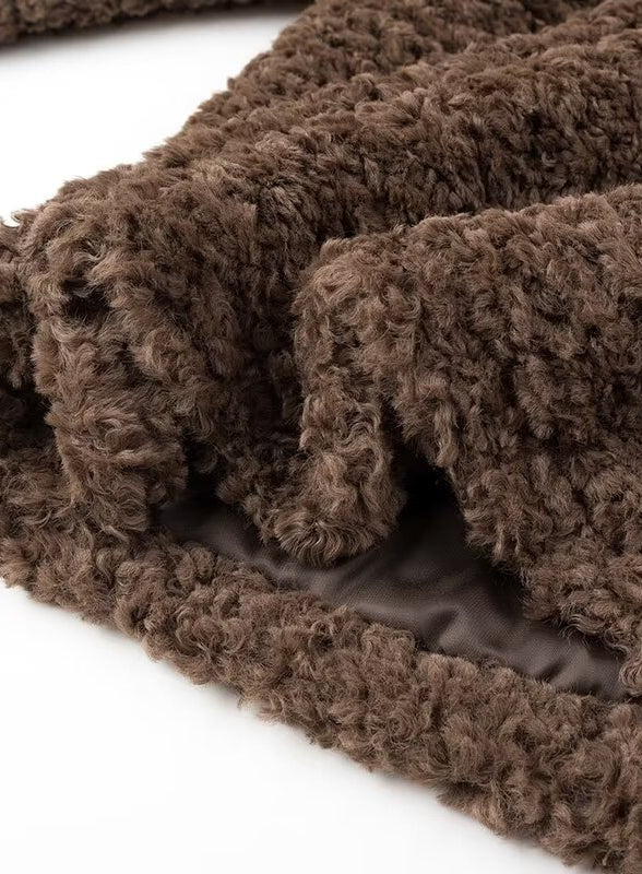 Brown fluffy Langry fashion terry coat with plush texture and gray lining