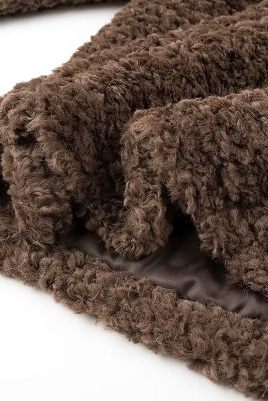 Brown fluffy Langry fashion terry coat with plush texture and gray lining