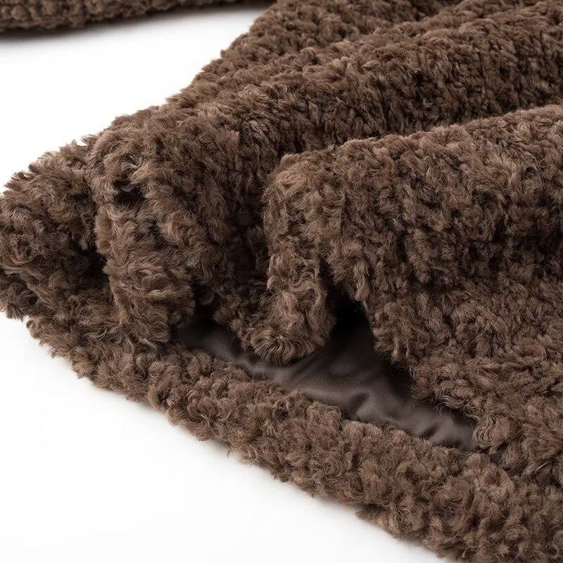 Brown fluffy Langry fashion terry coat with plush texture and gray lining