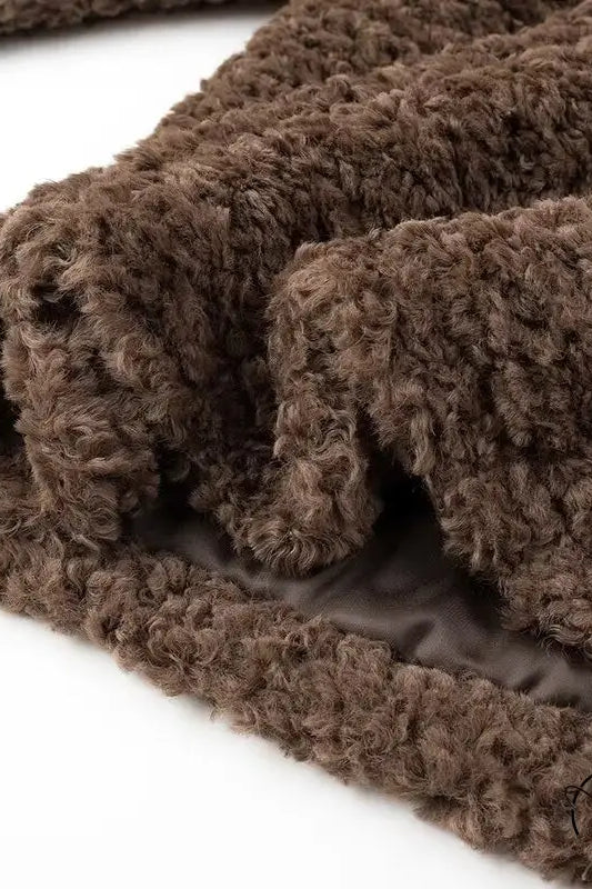 Casual big fur terry coat with brown fluffy throw blanket and gray lining