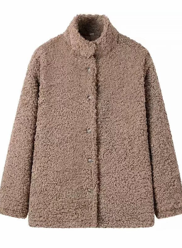 Taupe boucle teddy bear coat with notched collar, Langry fashion ملابس