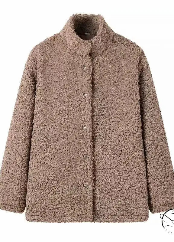 Casual big fur terry coat in taupe boucle with notched collar