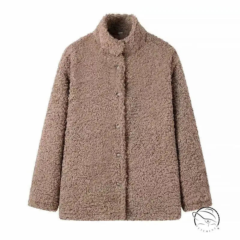 Casual big fur terry coat in taupe boucle with notched collar
