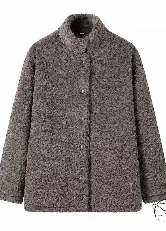 Gray boucle wool casual big fur terry coat with button closure and stand-up collar