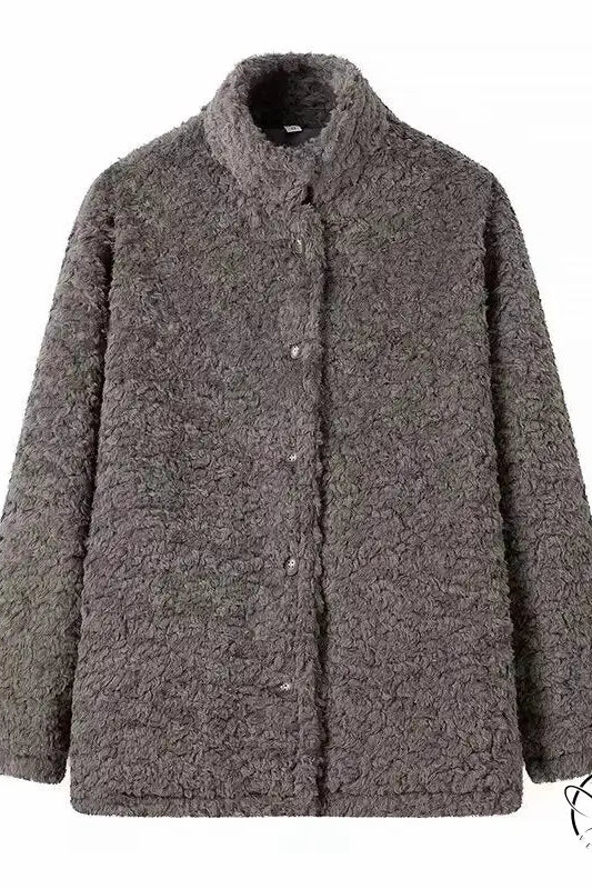 Gray boucle wool casual big fur terry coat with button closure and stand-up collar