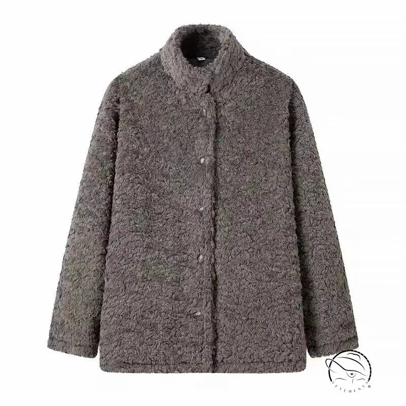 Gray boucle wool casual big fur terry coat with button closure and stand-up collar