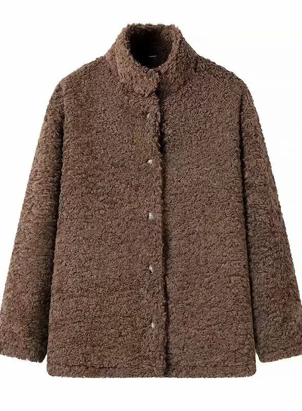 Casual Big Fur Terry Coat: Brown teddy bear fashion with buttons and pockets