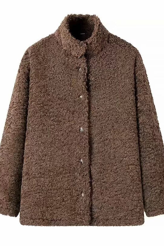 Casual Big Fur Terry Coat: Brown teddy bear fashion with buttons and pockets