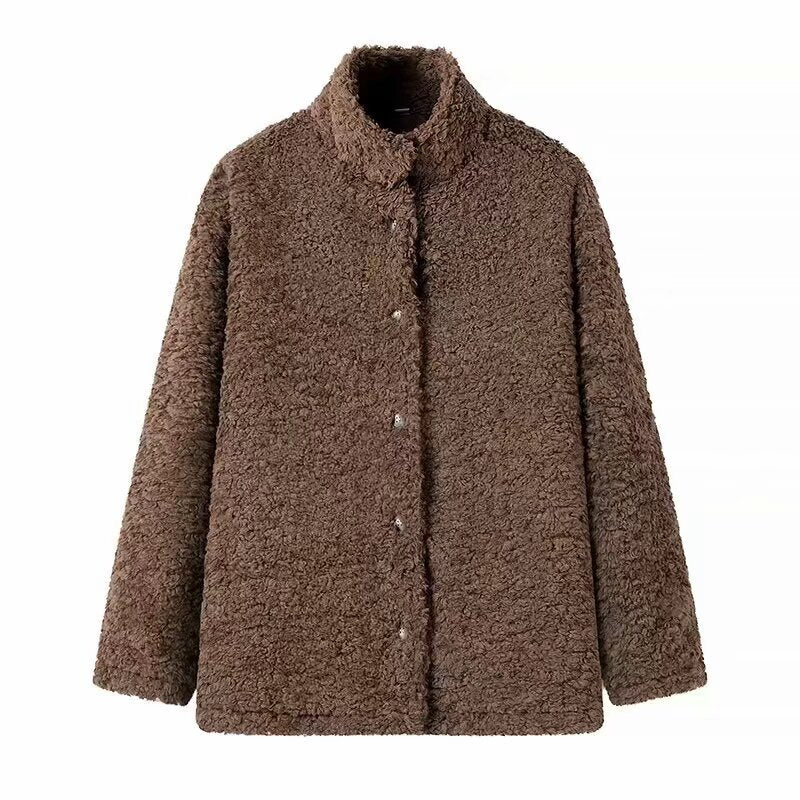 Casual Big Fur Terry Coat: Brown teddy bear fashion with buttons and pockets