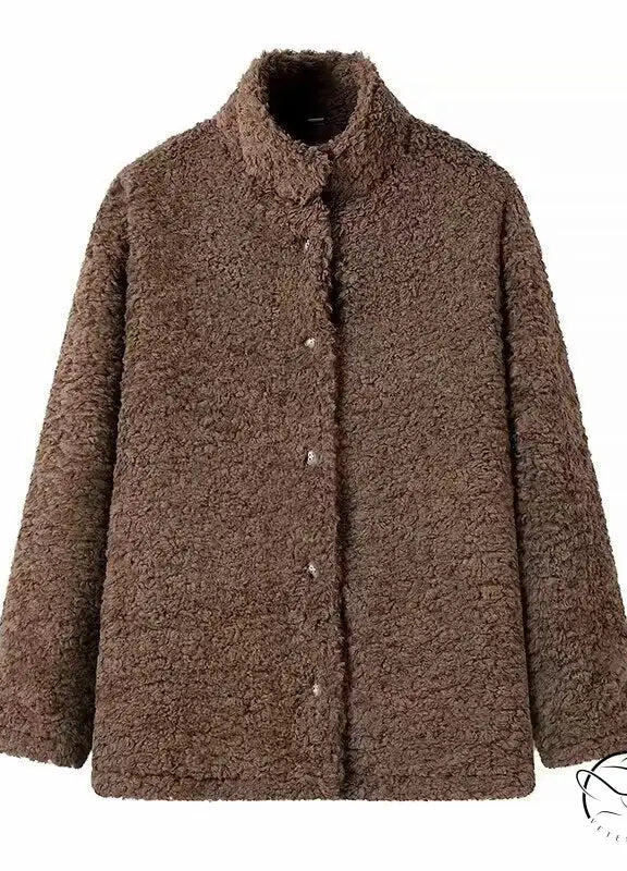 Casual big fur terry coat with brown teddy bear style, buttons and pockets