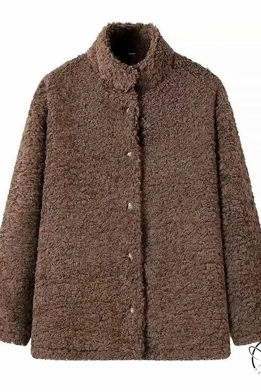 Casual big fur terry coat with brown teddy bear style, buttons and pockets