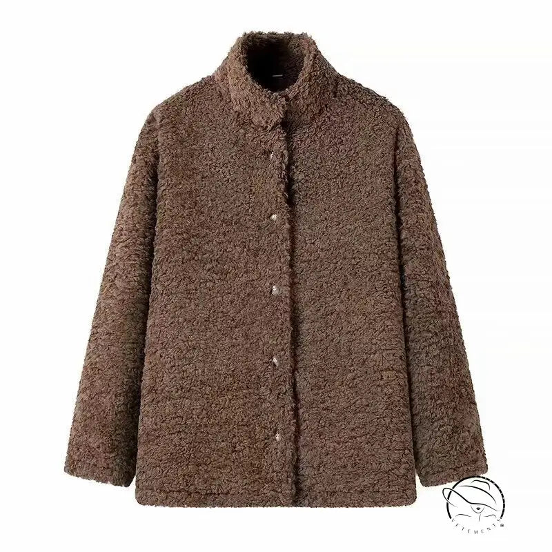 Casual big fur terry coat with brown teddy bear style, buttons and pockets
