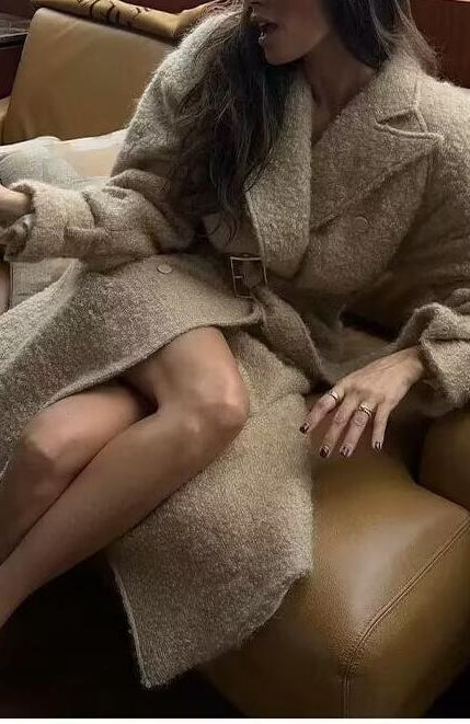 Beige oversized faux fur double breasted overcoat with hood and belt