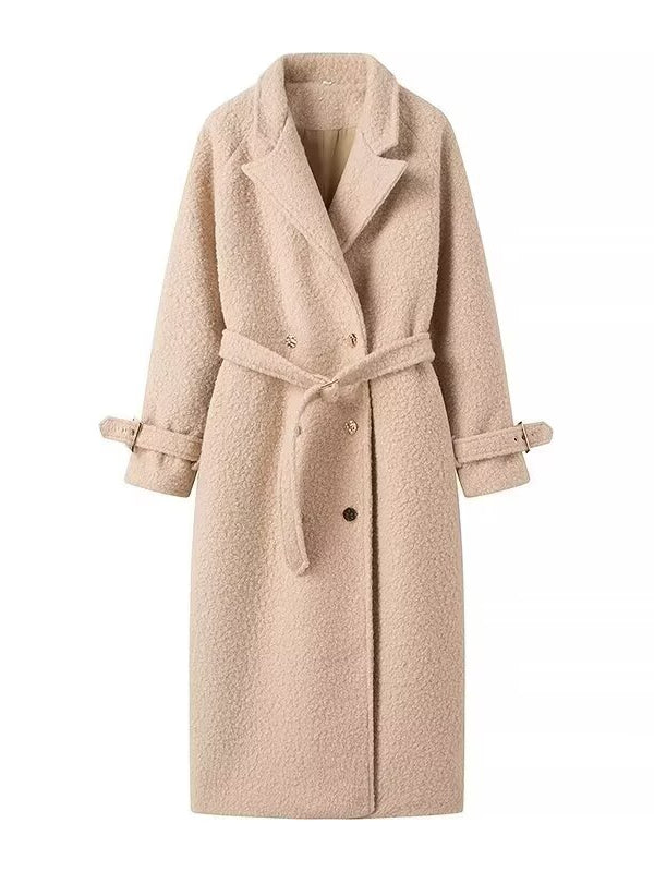 Elegant double breasted Langry beige boucle wool overcoat with belt