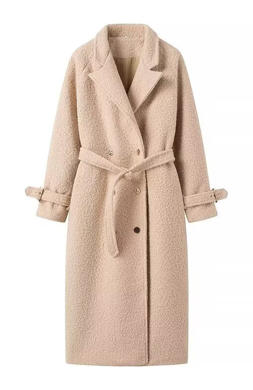 Elegant double breasted Langry beige boucle wool overcoat with belt