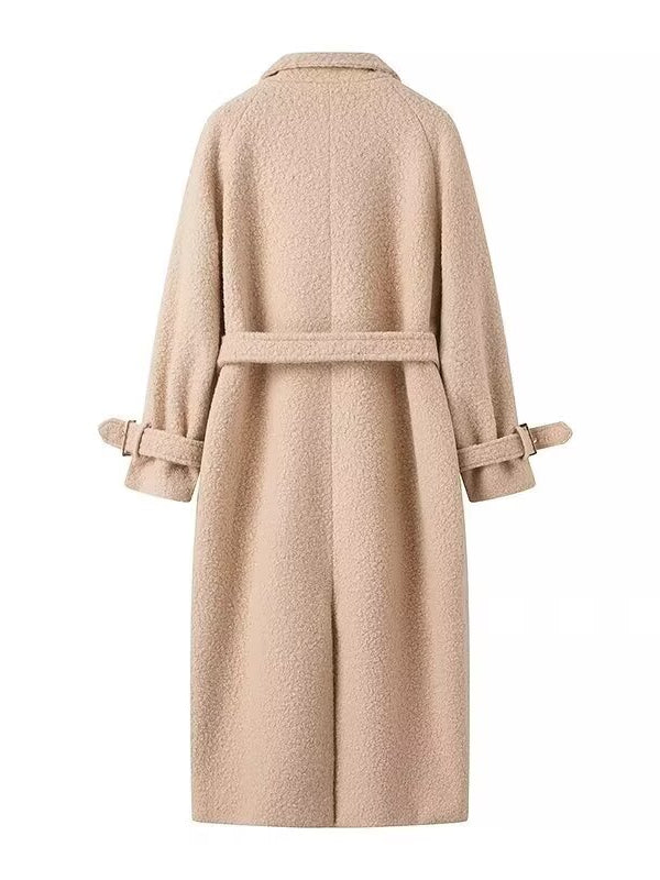 Beige textured Langry double breasted woolen trench coat with belt