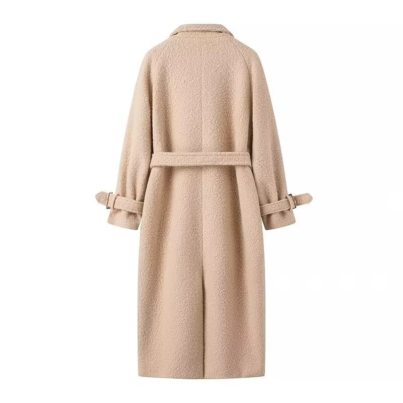 Beige textured Langry double breasted woolen trench coat with belt