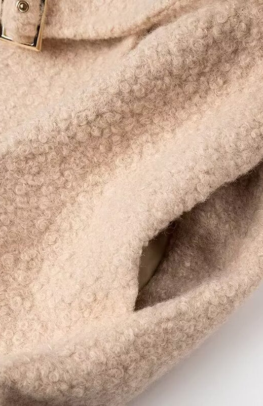 Langry double breasted beige teddy bear woolen overcoat with belt