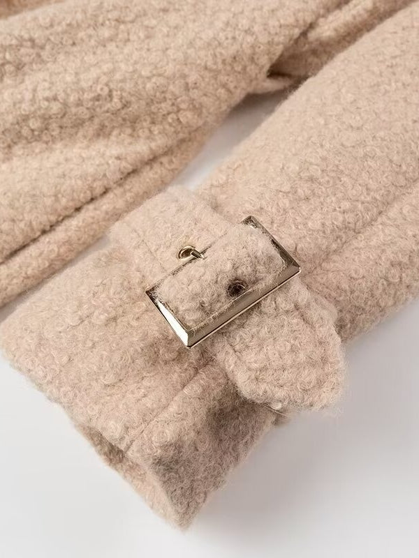 Beige boucle double breasted Langry woolen overcoat with gold trim