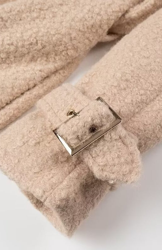 Beige boucle double breasted Langry woolen overcoat with gold trim