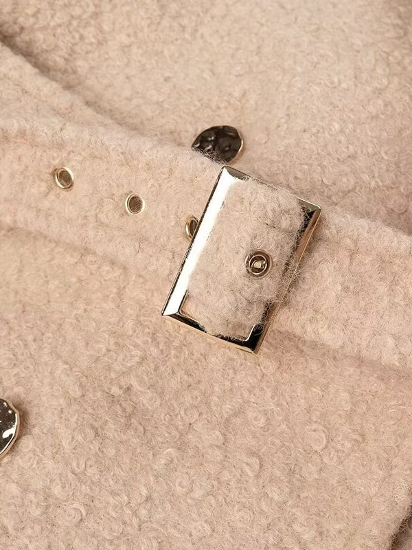 Beige textured terry woolen double breasted overcoat with silver buckle and buttons