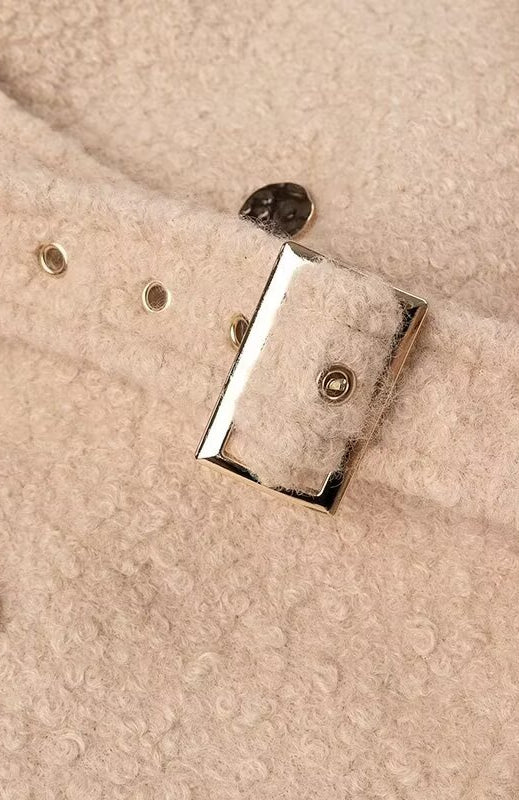 Beige textured terry woolen double breasted overcoat with silver buckle and buttons